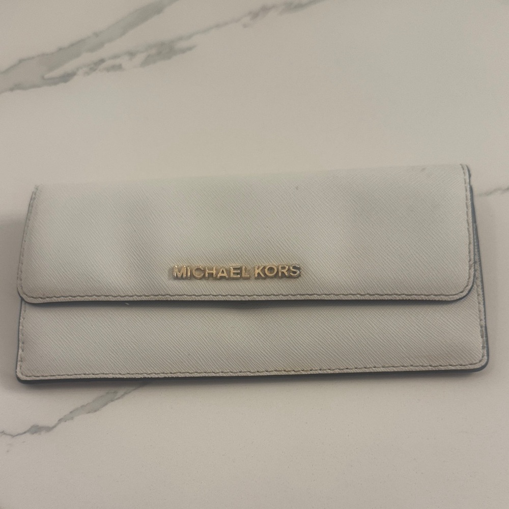 Michael Kors White Saffiano Leather Flap Wallet with Gold Logo